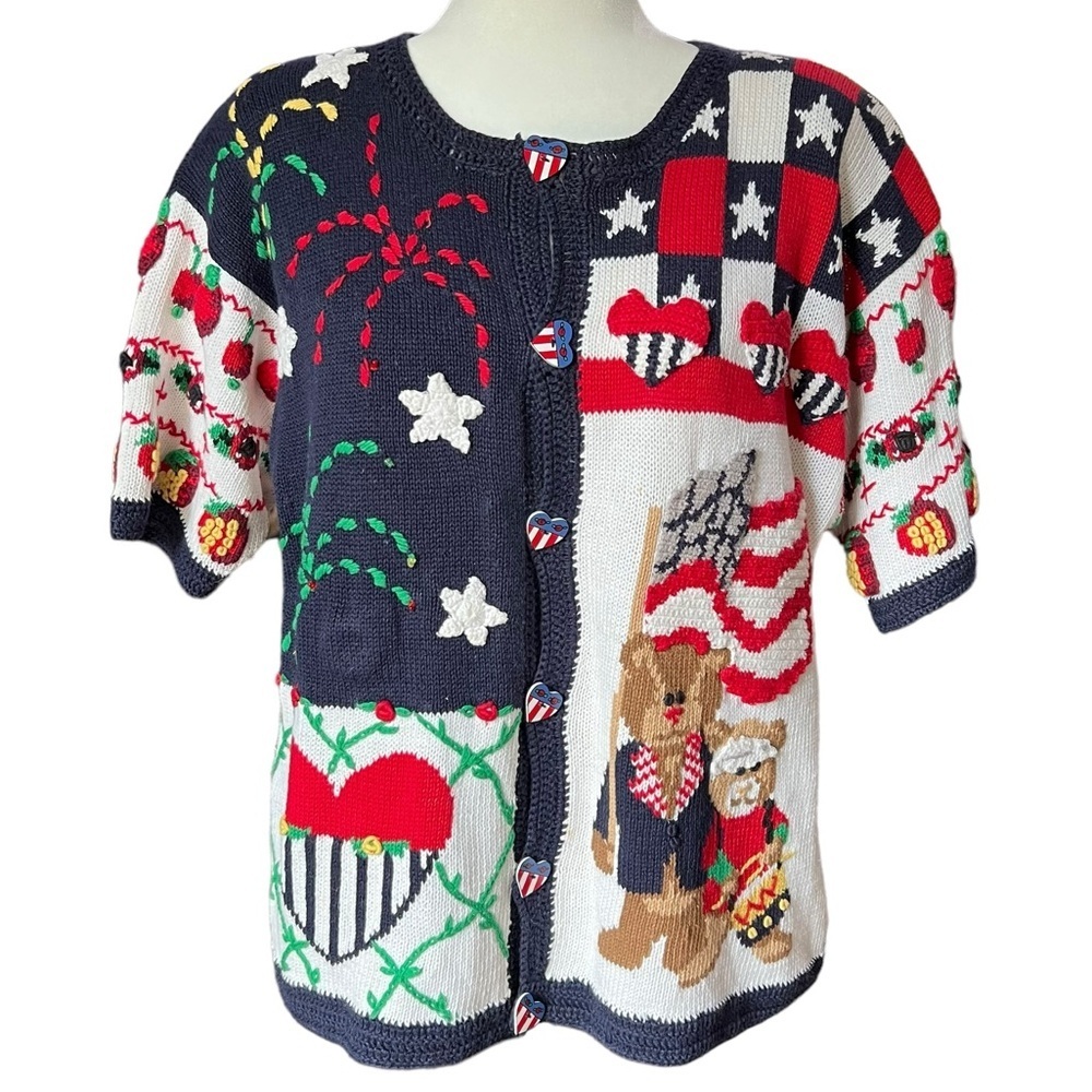 Vintage Eagles Eye 4th of July Short Sleeve Button Front Sweater Cardigan size L - Picture 2 of 7
